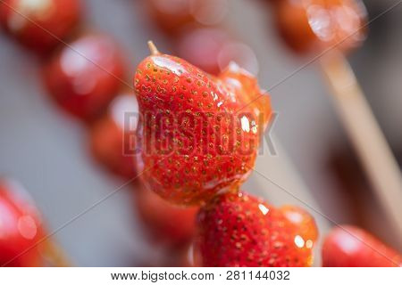 Tanghulu Traditional Chinese Hard Caramel Coated Strawberry Skewers Close-up Also Called Bing Tanghu