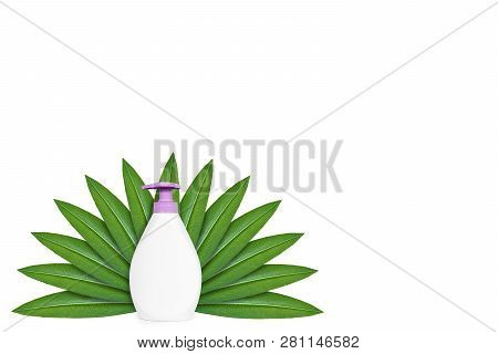 Bottle With Liquid Soap On The Background Of Green Leaves. Isolated On White. Concept Of Natural Ori