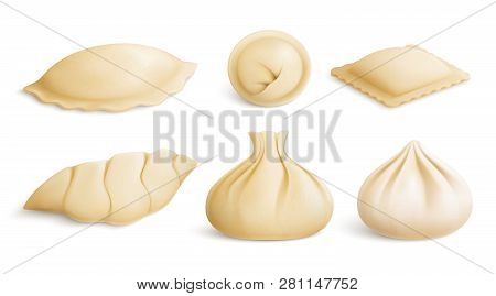 National Dishes From Meat And Dough Realistic Set With Dumplings Mantas Ravioli Gyoza Khinkali Kurze