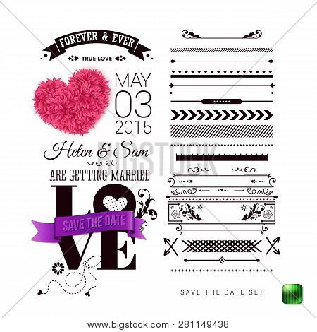 Wedding Invitation. Typography Design, Set Of Border Patterns And Symbols.
