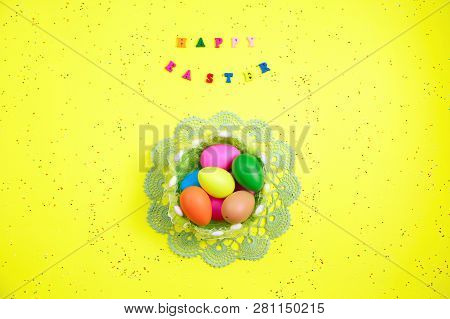 Happy Easter. Decorated Easter Eggs In The Basket. Easter Eggs. Easter Background