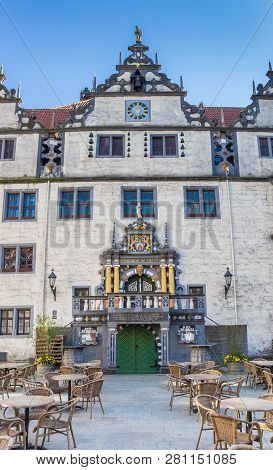 Hann. Munden, Germany - May 07, 2018: Front Of The Historic Town Hall In Hannoversch Munden, Germany