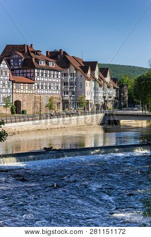 Hann. Munden, Germany - May 07, 2018: Fulda River In The Historic Center Of Hann. Munden, Germany