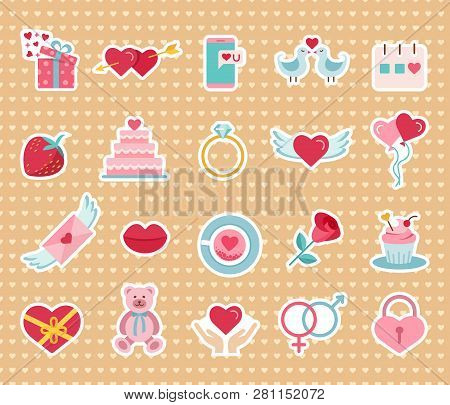 Valentines Day Flat Icons Set. Present, Balloons, Gift, Cupcake, Love Letter, Balloons, Wingerd Hear