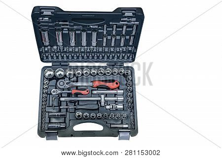 Set Of Chrome Heads And Holders In A Red Box Isolated On White Background
