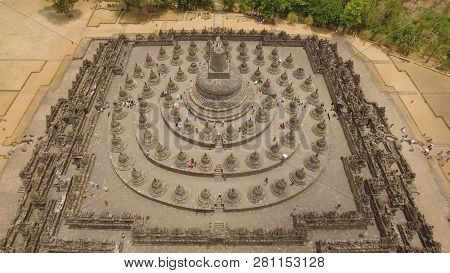 Aerial View Buddist Temple Borobudur Complex In Yogjakarta Java, Indonesia. Tourist Attraction, Unes