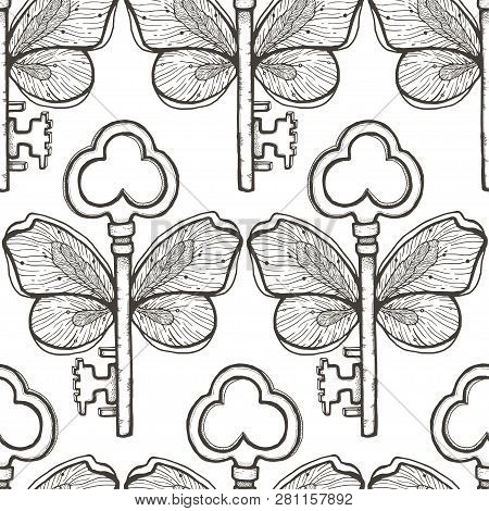 Seamless Pattern Key Magic Illustration. Mystical Symbol.beautiful T-shirt Design Boho Style.vintage