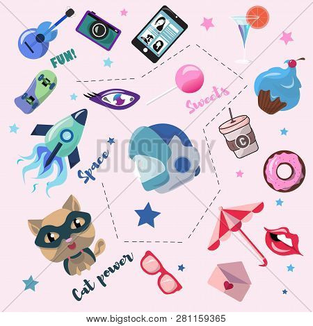 Stickers, Illustration, Space, Cat, Food, Hobbie, Sweets