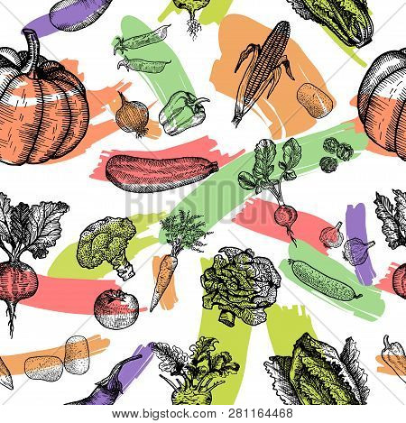 Seamless Pattern Of Vegetable. Beautiful Hand Drawn Illustration Vegetable.
