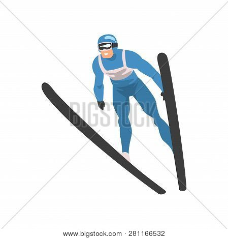 Freestyle Skier Jumping, Male Athlete Character In Sports Uniform, Active Sport Healthy Lifestyle Ve