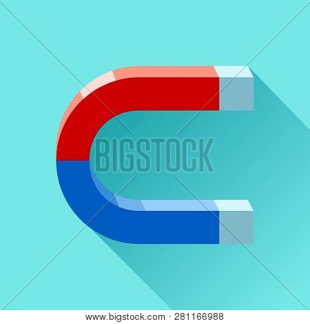 Blue And Red Horseshoe Magnet Icon In Flat Style, Simple Tool On Color Background. Vector Design Ele