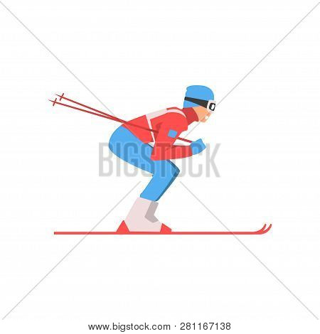 Skiing Sportsman, Male Athlete Character In Sports Uniform And Goggles, Active Sport Healthy Lifesty