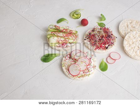 Healthy Snack Concept Rice Bread Crispy Bred Radish Slices Sprouts Marrow Slices Cottage Cheese High