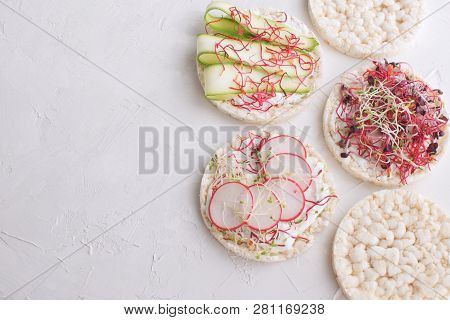 Healthy Snack Concept Rice Bread Crispy Bred Radish Slices Sprouts Marrow Slices Cottage Cheese High
