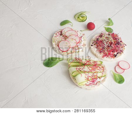 Healthy Snack Concept Rice Bread Crispy Bred Radish Slices Sprouts Marrow Slices Cottage Cheese High