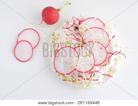 Healthy Snack Concept Rice Bread Crispy Bred Radish Slices Sprouts Marrow Slices Cottage Cheese High