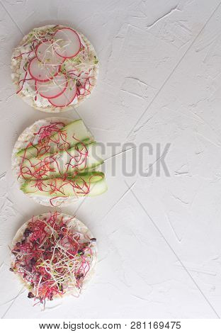 Healthy Snack Concept Rice Bread Crispy Bred Radish Slices Sprouts Marrow Slices Cottage Cheese High