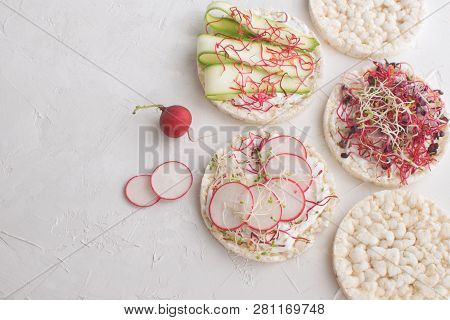 Healthy Snack Concept Rice Bread Crispy Bred Radish Slices Sprouts Marrow Slices Cottage Cheese High