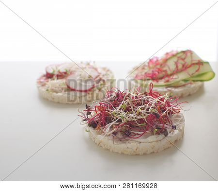 Healthy Snack Concept Rice Bread Crispy Bred Radish Slices Sprouts Marrow Slices Cottage Cheese High