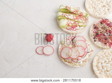 Healthy Snack Concept Rice Bread Crispy Bred Radish Slices Sprouts Marrow Slices Cottage Cheese High