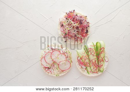 Healthy Snack Concept Rice Bread Crispy Bred Radish Slices Sprouts Marrow Slices Cottage Cheese High