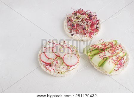 Healthy Snack Concept Rice Bread Crispy Bred Radish Slices Sprouts Marrow Slices Cottage Cheese High