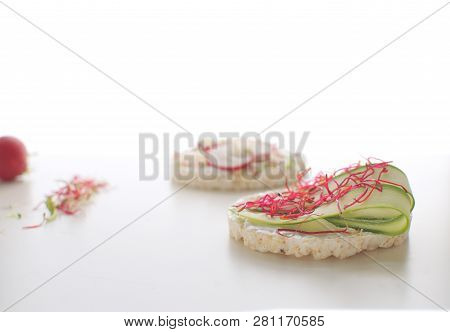 Healthy Snack Concept Rice Bread Crispy Bred Radish Slices Sprouts Marrow Slices Cottage Cheese High