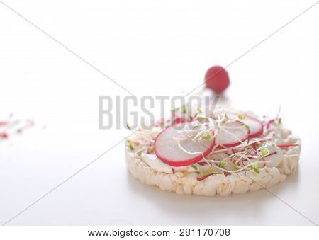 Healthy Snack Concept Rice Bread Crispy Bred Radish Slices Sprouts Marrow Slices Cottage Cheese High