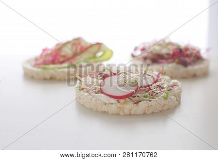Healthy Snack Concept Rice Bread Crispy Bred Radish Slices Sprouts Marrow Slices Cottage Cheese High