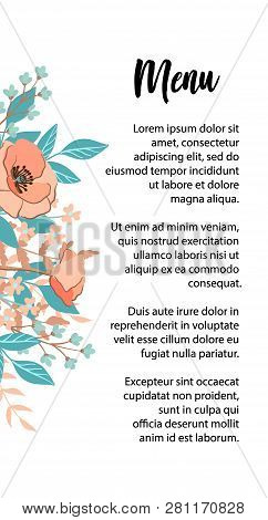 Classic And Refind Wedding Menu Card With Flower Frame Background, Hand Drawn Floral Elements Label.