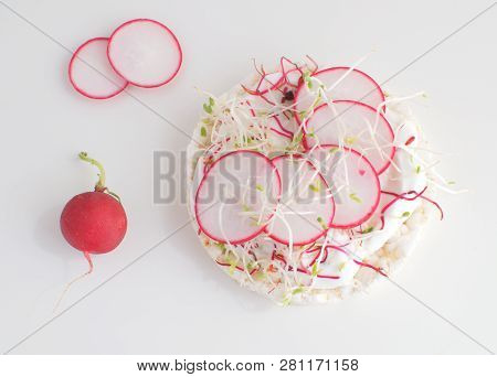 Healthy Snack Concept Rice Bread Crispy Bred Radish Slices Sprouts Marrow Slices Cottage Cheese High