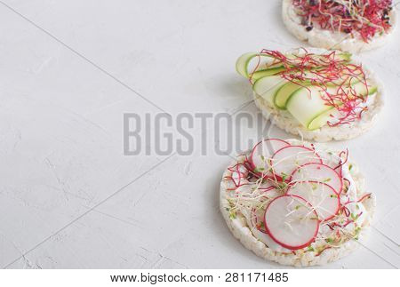 Healthy Snack Concept Rice Bread Crispy Bred Radish Slices Sprouts Marrow Slices Cottage Cheese High