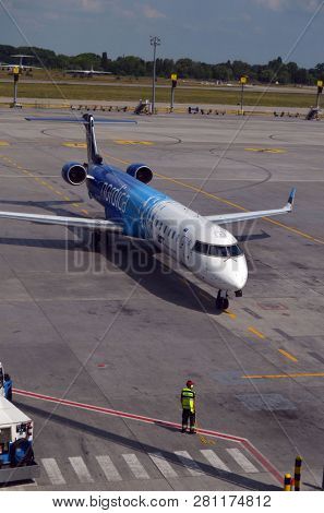 Nordica airliner Kiev - Tallinn. Ukraine international airport Borispol. June 13,2018.  Kiev , Ukraine