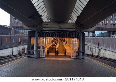 Platform and train view on Oslo central station. Oslo Central Station (Sentralstasjon) is main railway station in Oslo. June 14. 2018. Oslo,Norway