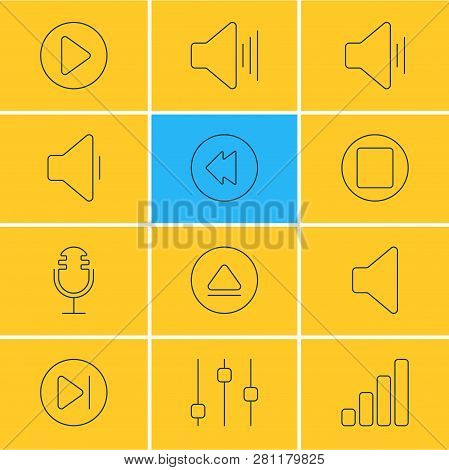 Illustration Of 12 Music Icons Line Style. Editable Set Of Equalizer, Eject, Sound And Other Icon El