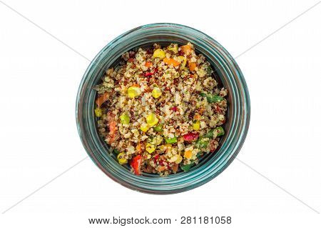 Quinoa Salad Bowl With Various Vegetables: Green Beans, Carrot, Corn, Bell Pepper, Peas, Parsley Iso