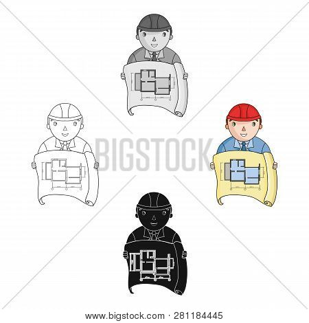 Architectz With Technical Drawing Icon In Cartoon Style Isolated On White Background. Architect Symb