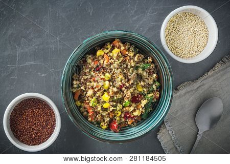 Quinoa Salad Bowl With Various Vegetables: Green Beans, Carrot, Corn, Bell Pepper, Peas And Two Bowl