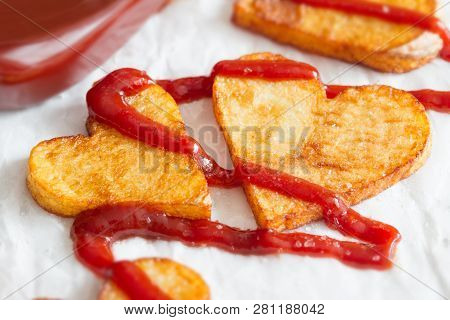 Preparing A Food For Valentines Day Abstract Love Concept Witch French Fries Chips Heart Shape