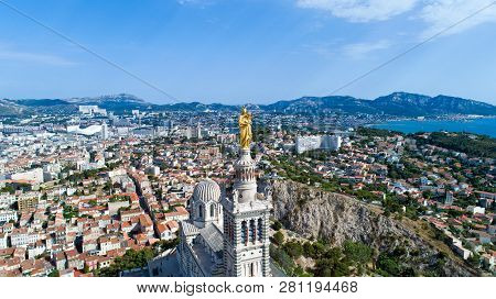 Aerial View Of Notre Dame De La Garde Basilica In Marseille City Center, France
