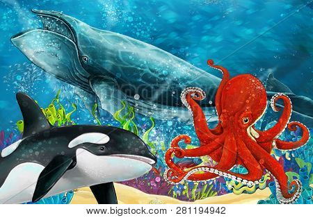 Cartoon Scene With Whale And Killer Whale And Octopus Near Coral Reef - Illustration For Children