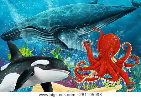 Cartoon Scene With Whale And Killer Whale And Octopus Near Coral Reef - Illustration For Children