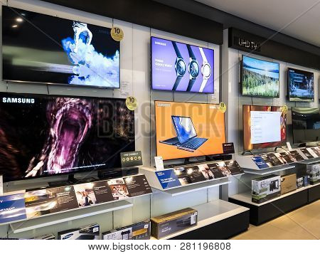 Moscow, Russia - January 27.2019. Modern Tvs In The Samsung Brand Store