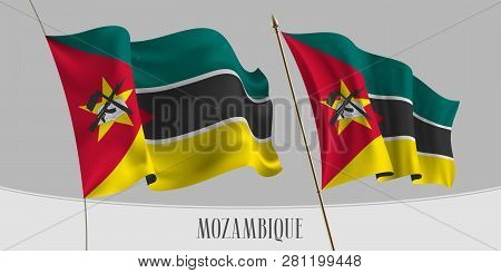 Set Of Mozambique Waving Flag On Isolated Background Vector Illustration. Green Yellow Colors, Gun O