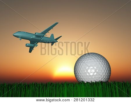 Aircraft in the sky and golf ball on green field. Sunset or sunrise. 3D rendering
