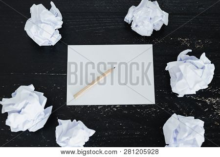 Concept Of Drafting Documents And Struggling To Write A Text, Set Of Scrunched Paper Balls And Empty