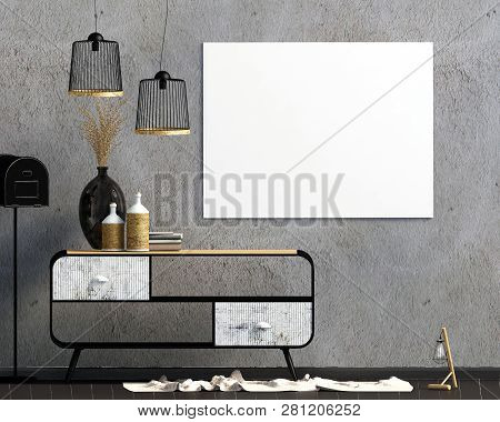 Iinterior Design In Country Style. Mock Up Poster. 3d Illustration.
