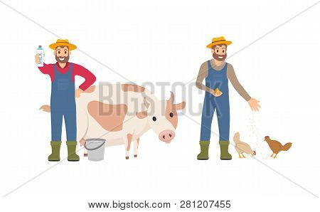 Farmer With Milk Package Set. Person With Bucket Cow Livestock. Animal Tending And Care For Chickens