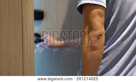 Closeup Hand Man Open The Door After Using An Electronic Security Key Card Of His Hotel Room, Holida