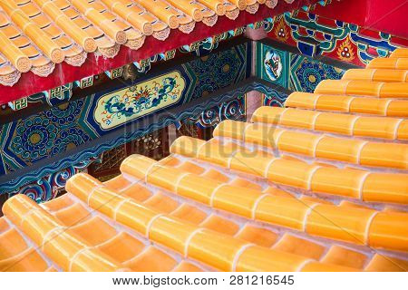 Roof Detail Of Chinese Temple Texture Background. Beautiful Chinese Temple Roof Detail With Colorful
